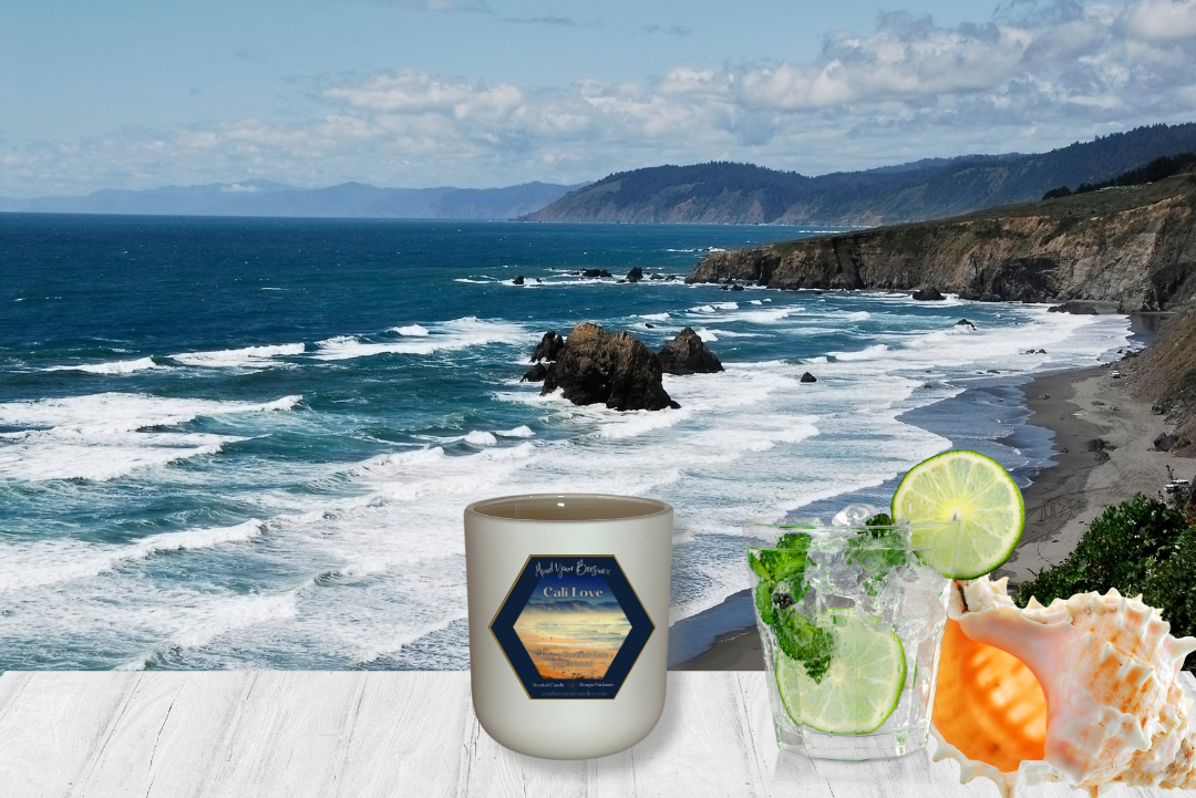 A Cali Love Luxury Beeswax Candle showcased elegantly. The candle is adorned with a label featuring the scent name, and its gentle glow illuminates the surroundings with a relaxed and inviting ambiance.